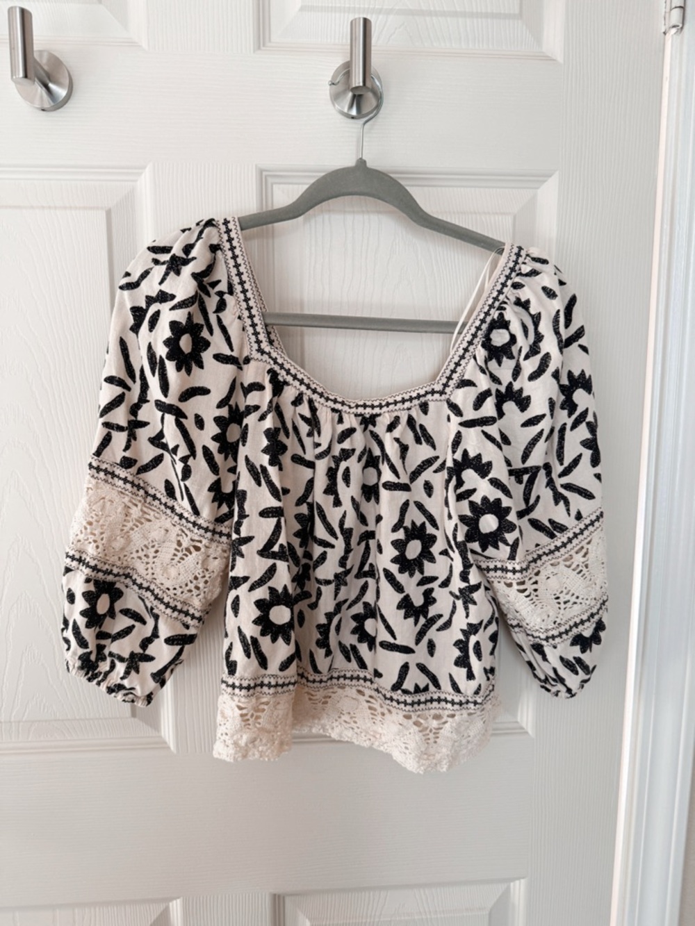 Boho Embroidered Print Peasant Top